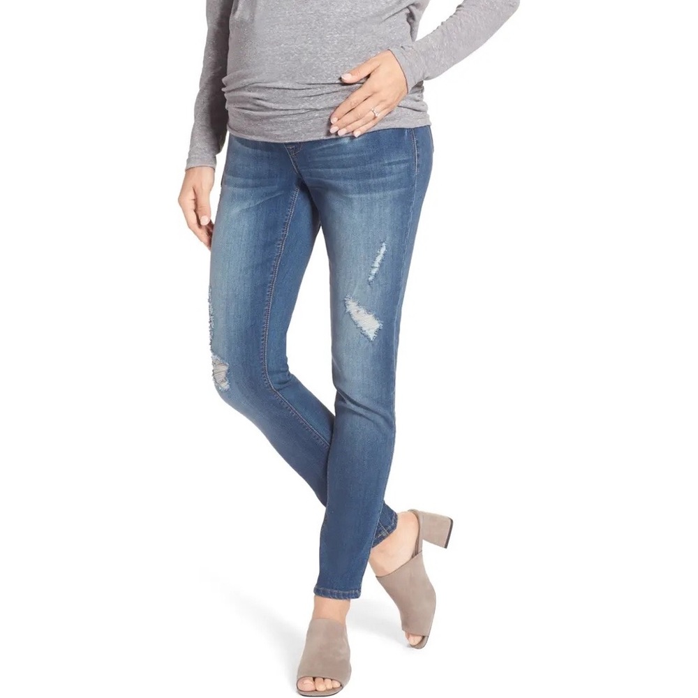 1822 Denim Medium Wash Destructed Maternity Skinny Jeans Womens Size 12/31